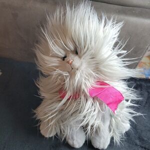 Russ Purrdy Fluffy Gray Cat Plush Stuffed Animal Pink Ribbon Blue Eyes Soft Toy